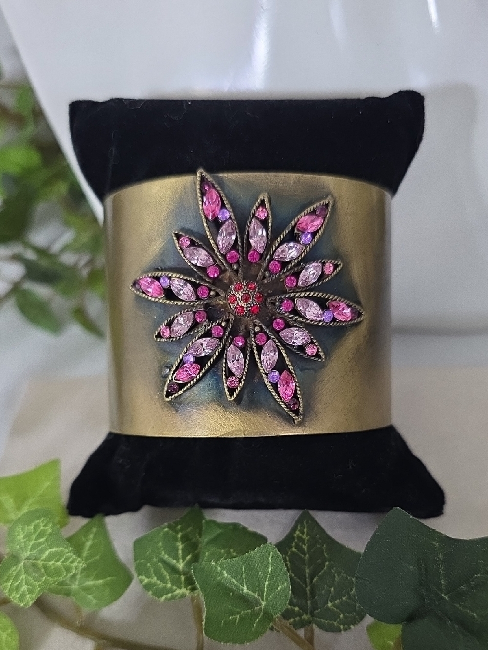 Vintage Antiqued Brass Wide Cuff Bracelet | Pink & Fuchsia Crystal Flower Bangle
